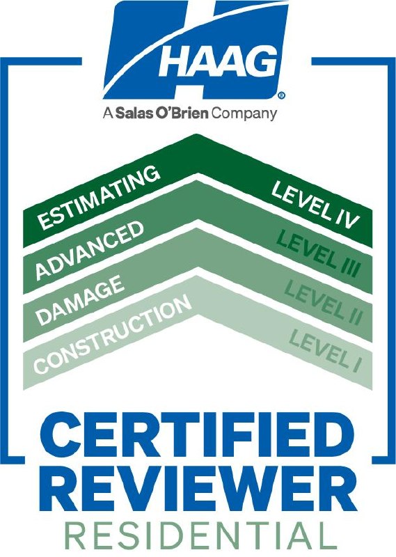 HAAG Certified Reviewer — Residential badge, levels Construction I, Damage II, Advanced III, and Estimating IV