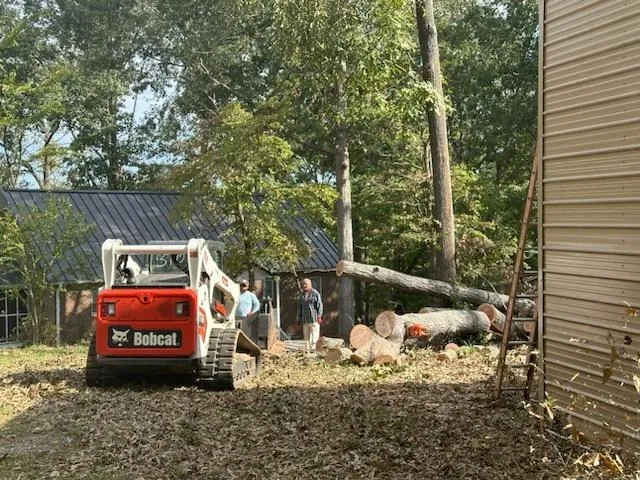 Skid steer clearing cut sections of a fallen tree beside a house
